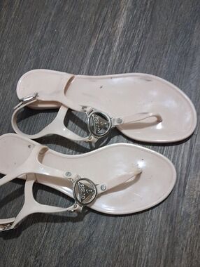 Guess Blush Pink T-Strap Jelly Sandals with Silver Logo
